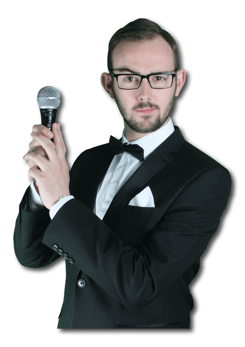 Cal Halbert holding a microphone